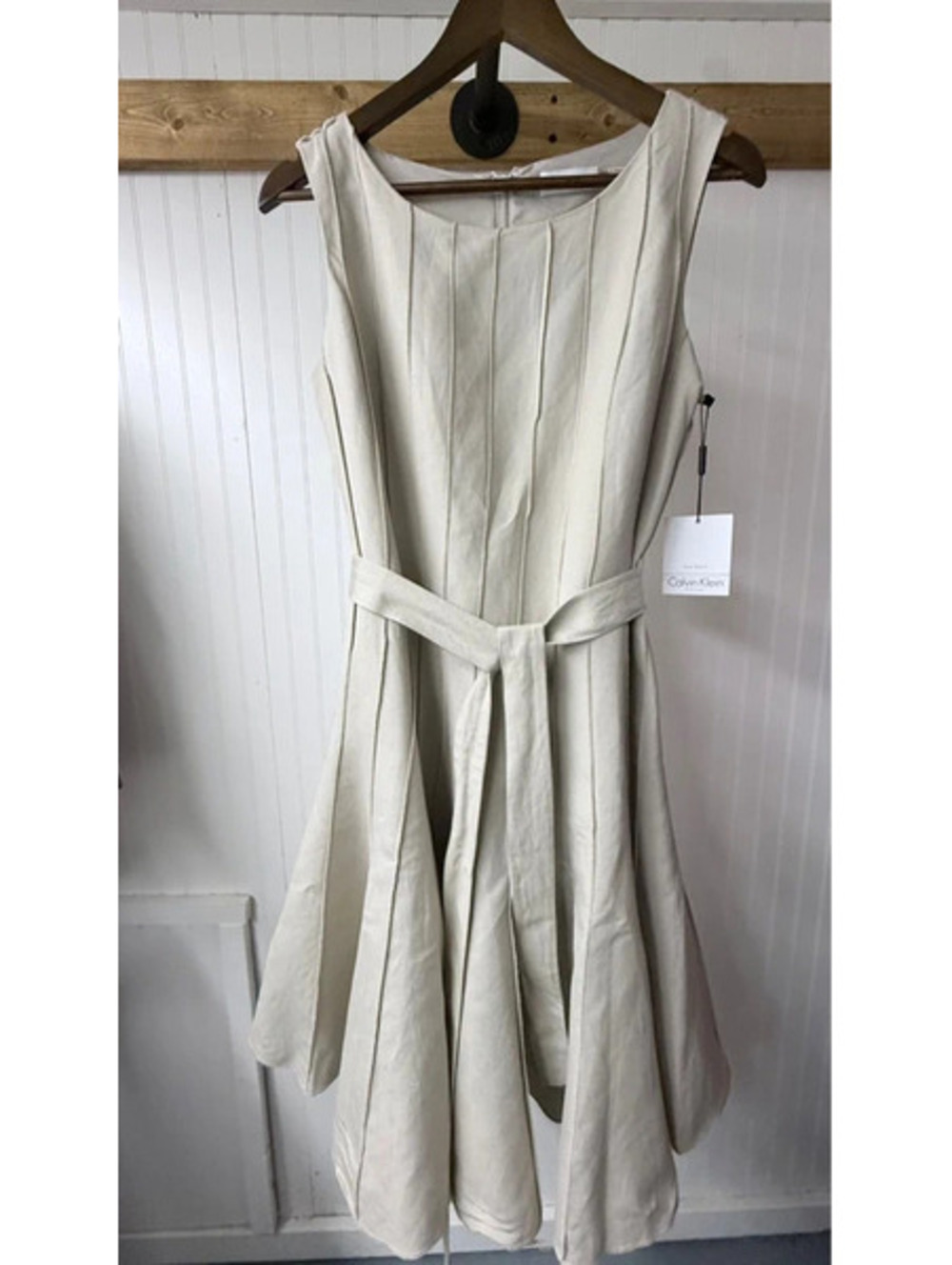NWT Calvin Klein Fit & Flare Dress 8 Khaki Linen Belted old money quiet luxury